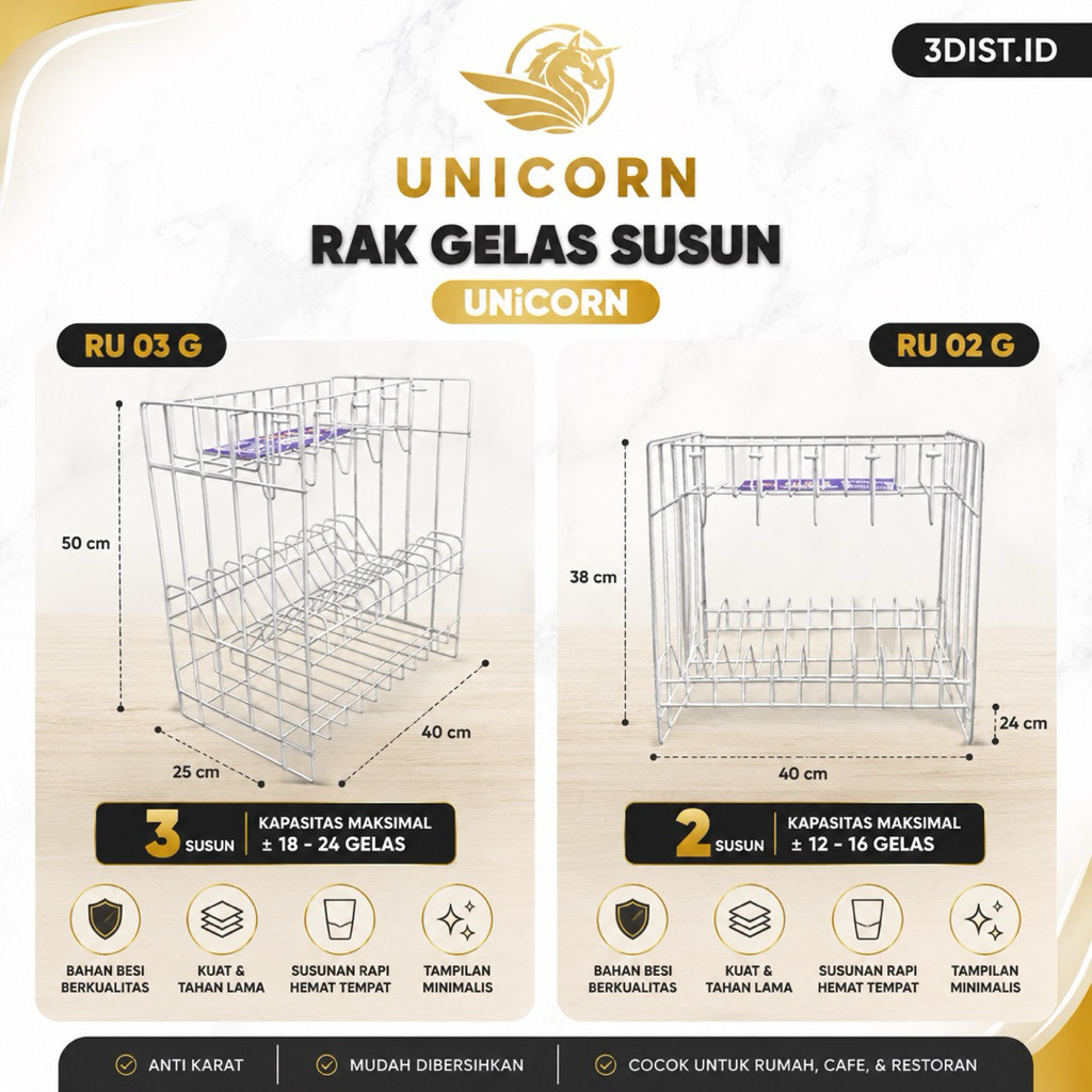 Rak Gelas Susun Unicorn 2 Susun / 3 Susun Besi Anti Karat Rak Cangkir Gelas Dapur Cafe Restoran