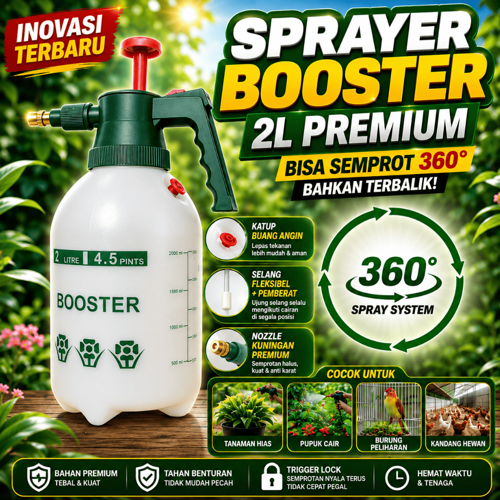 Sprayer Booster 2L Premium Bisa Semprot 360° Bahkan Terbalik Pompa Semprot Tanaman Nozzle Kuningan