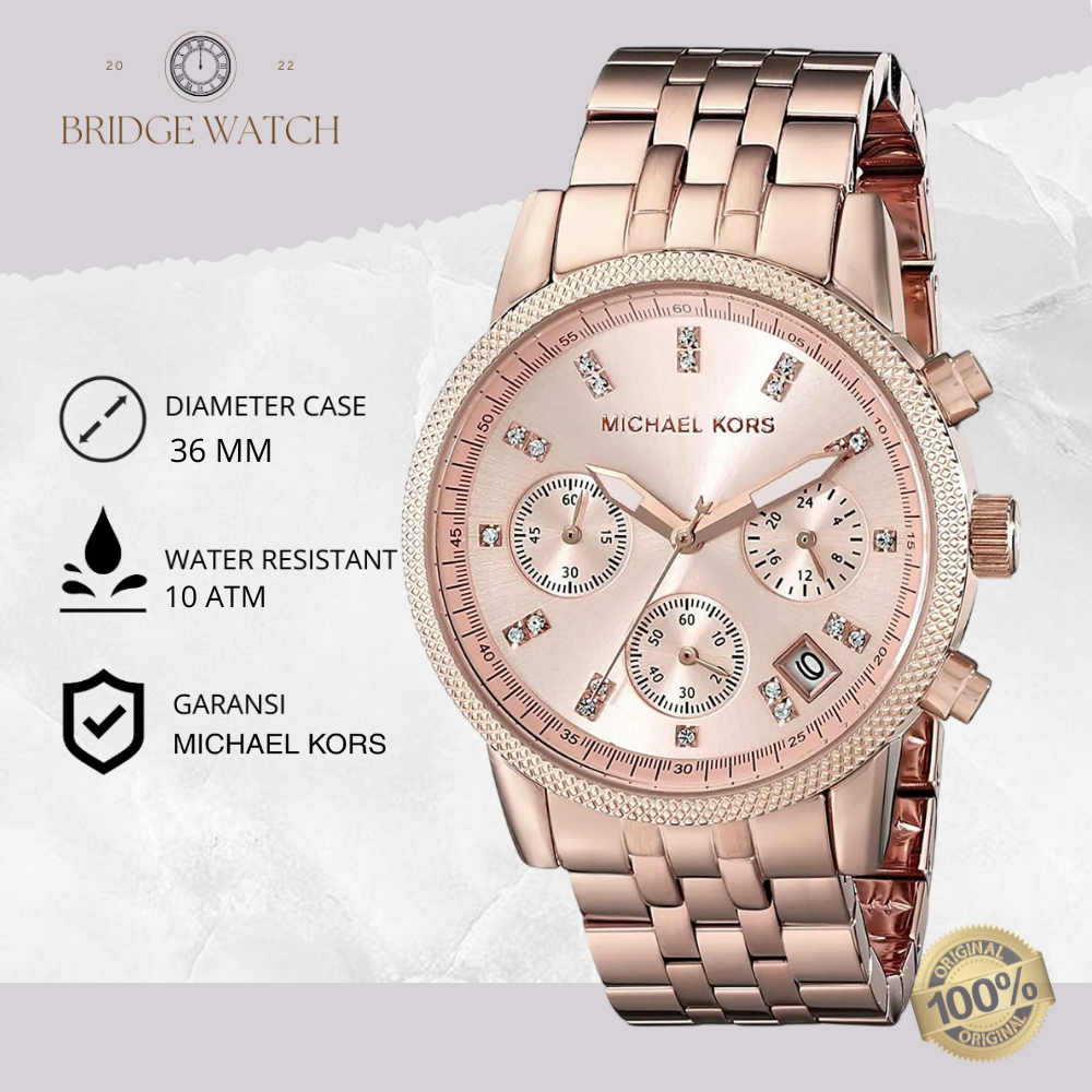 Jam Tangan Wanita Michael Kors Chronograph Rose Gold Stainless Steel Mewah Original MK6077