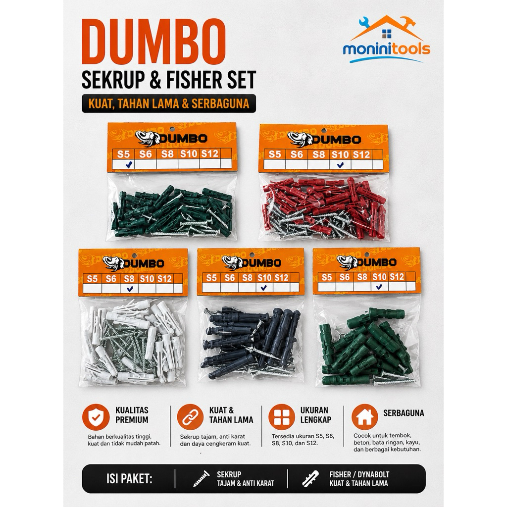 Sekrup dan Fisher set Fastener Skrup Tanam ukuran S5 S6 S8 S10 S12