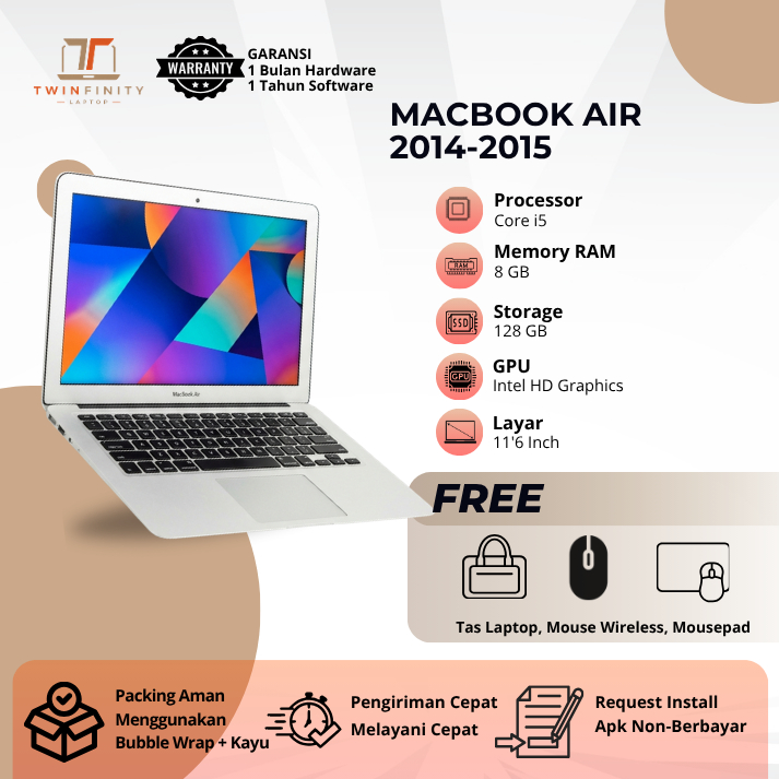 [FREE MOUSE WIRELESS & TAS LAPTOP] MACBOOK AIR early 2014-2015  Core i5 RAM 8GB SSD 128GB 11.6”Inch 
