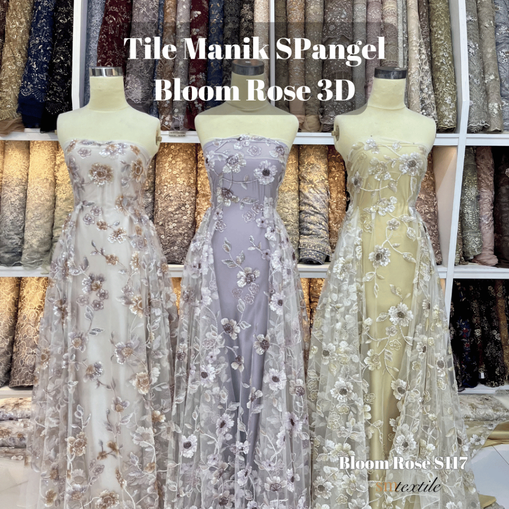 Kain Tile SPANGEL FULL 3D MANIK MULTICOLOR Bunga Bloom Rose S117 | Kain Tulle Manik Payet Motif Flow