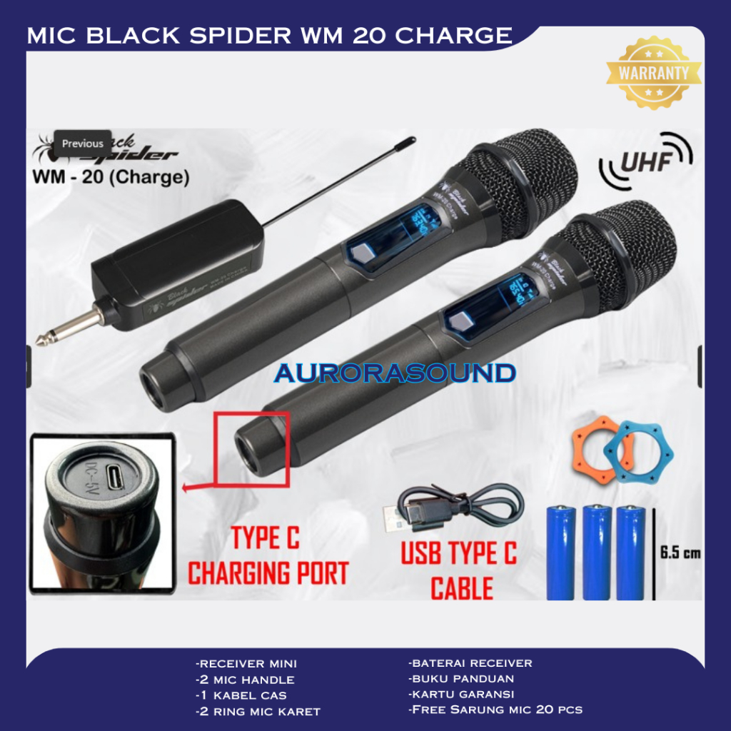MIC WIRELESS BLACK SPIDER WM 20 CHARGE PROFESSIONAL MICROPHONE BLACKSPIDER WM20 UHF ORIGINAL GARANSI
