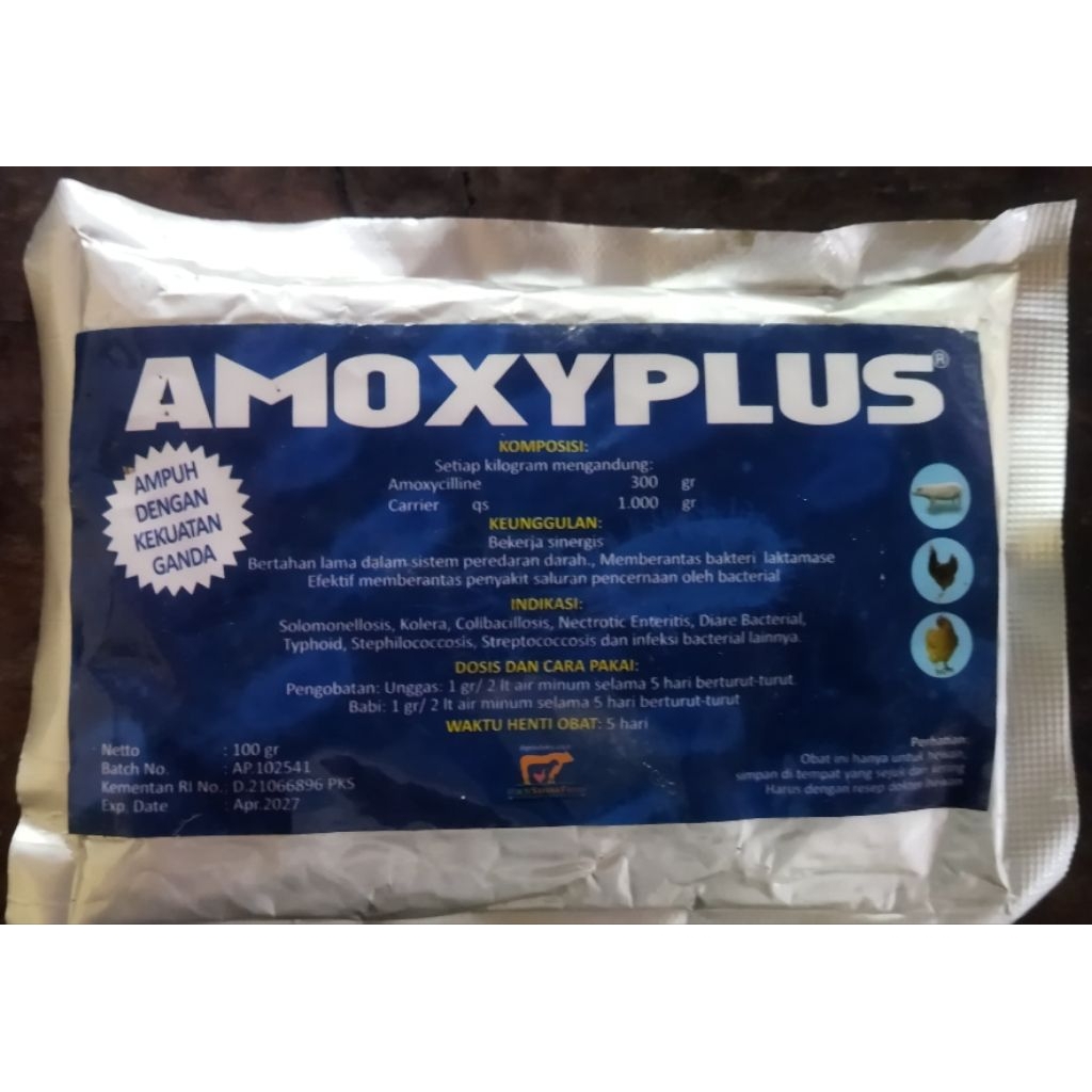 Amoxy plus 100 gram antibiotik untuk ternak ayam, bebek,babi