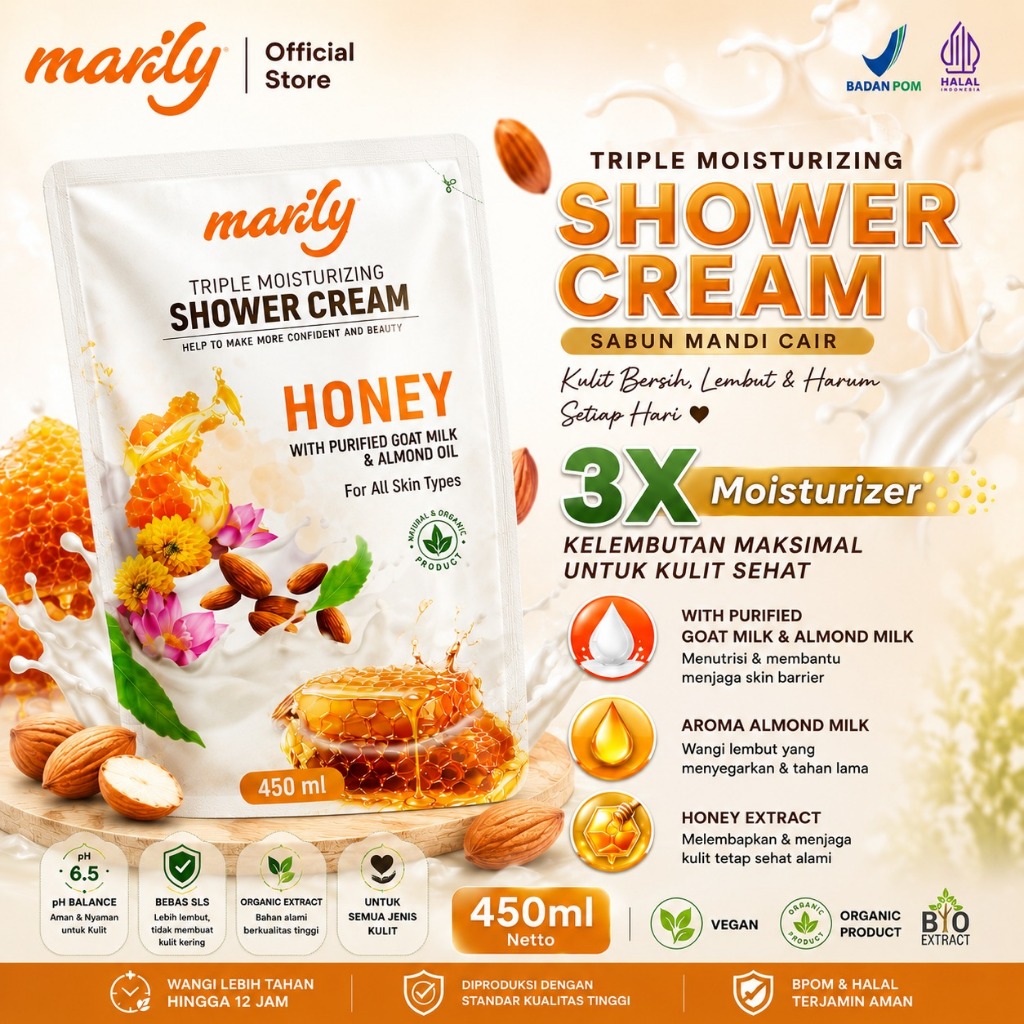 Body Soap MARILY Sabun Mandi Cair Organik Bebas SLS Honey - 450ML