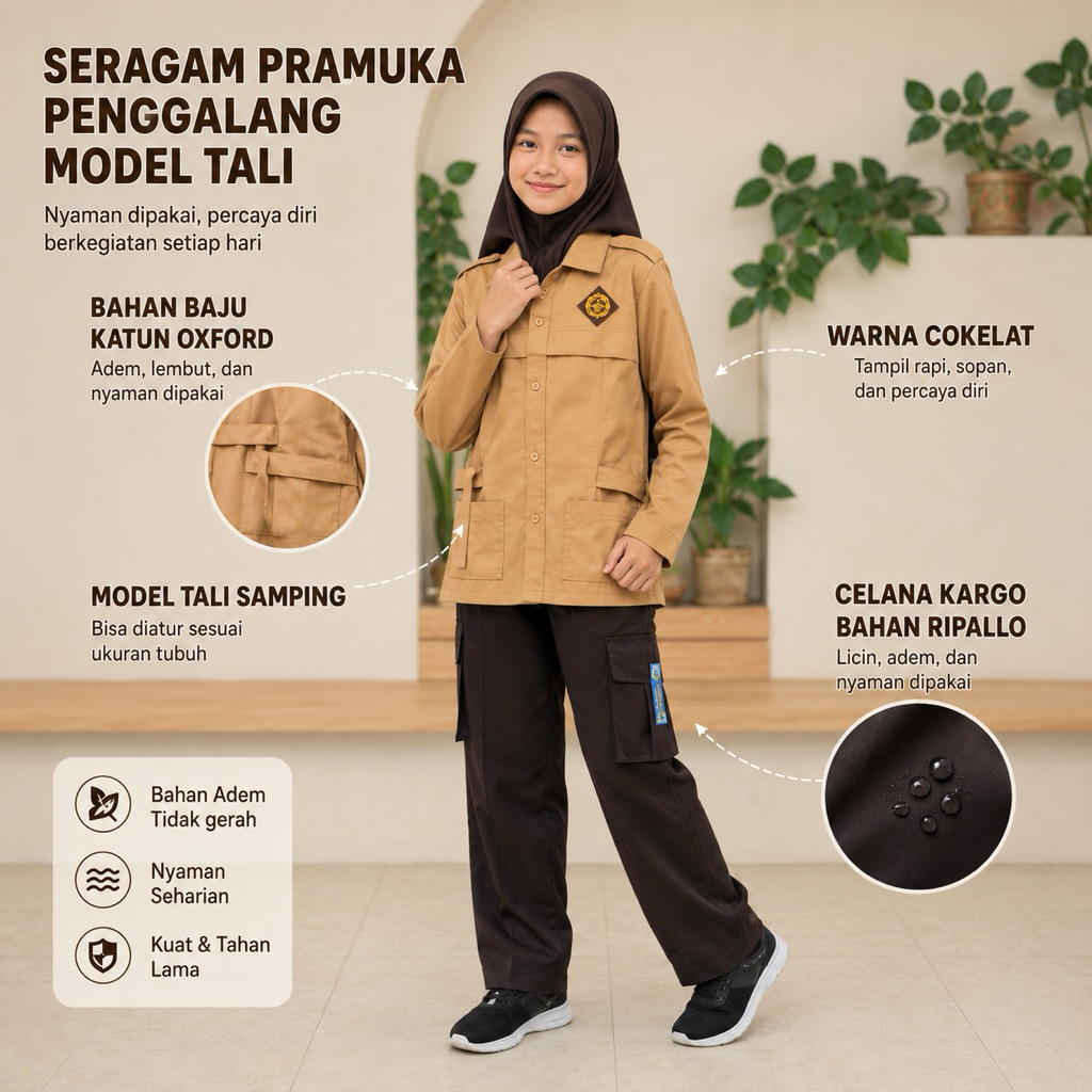 PDL Pramuka Penggalang Model Tali Setelan Lengkap Pramuka SD SMP SMA dengan Kerudung