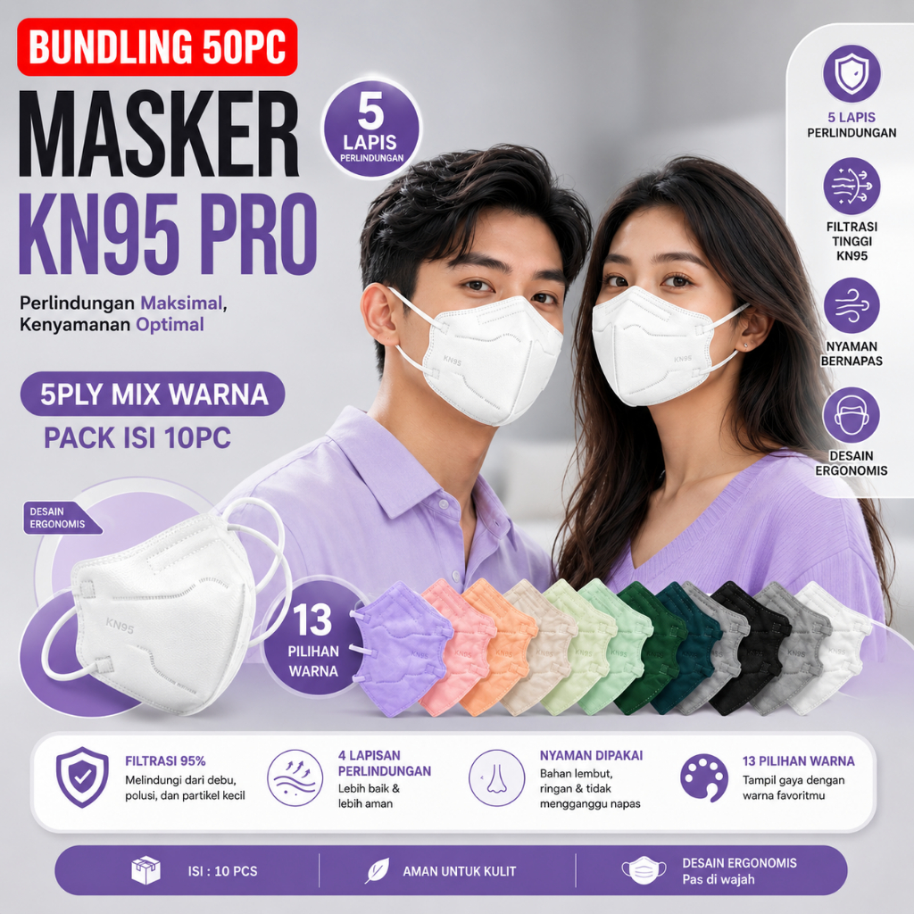 BELLA | PAKET GROSIR - MASKER 5PLY KN95 MEDIS ISI 50pcs , MASKER KN95 PRO RAVA ZUMO ITC HITAM PUTIH 