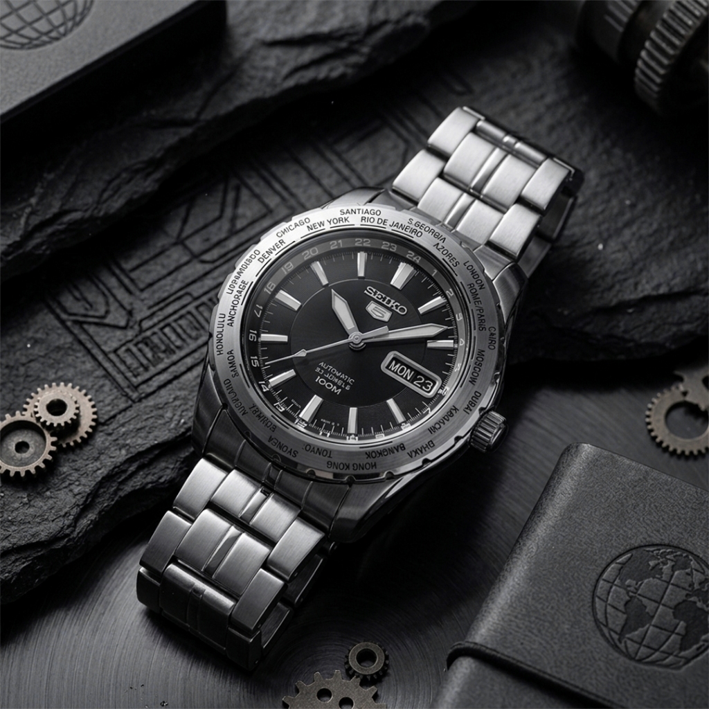 Jam Tangan Pria Seiko SNZG53 Automatic World Time Bezel 100% Original