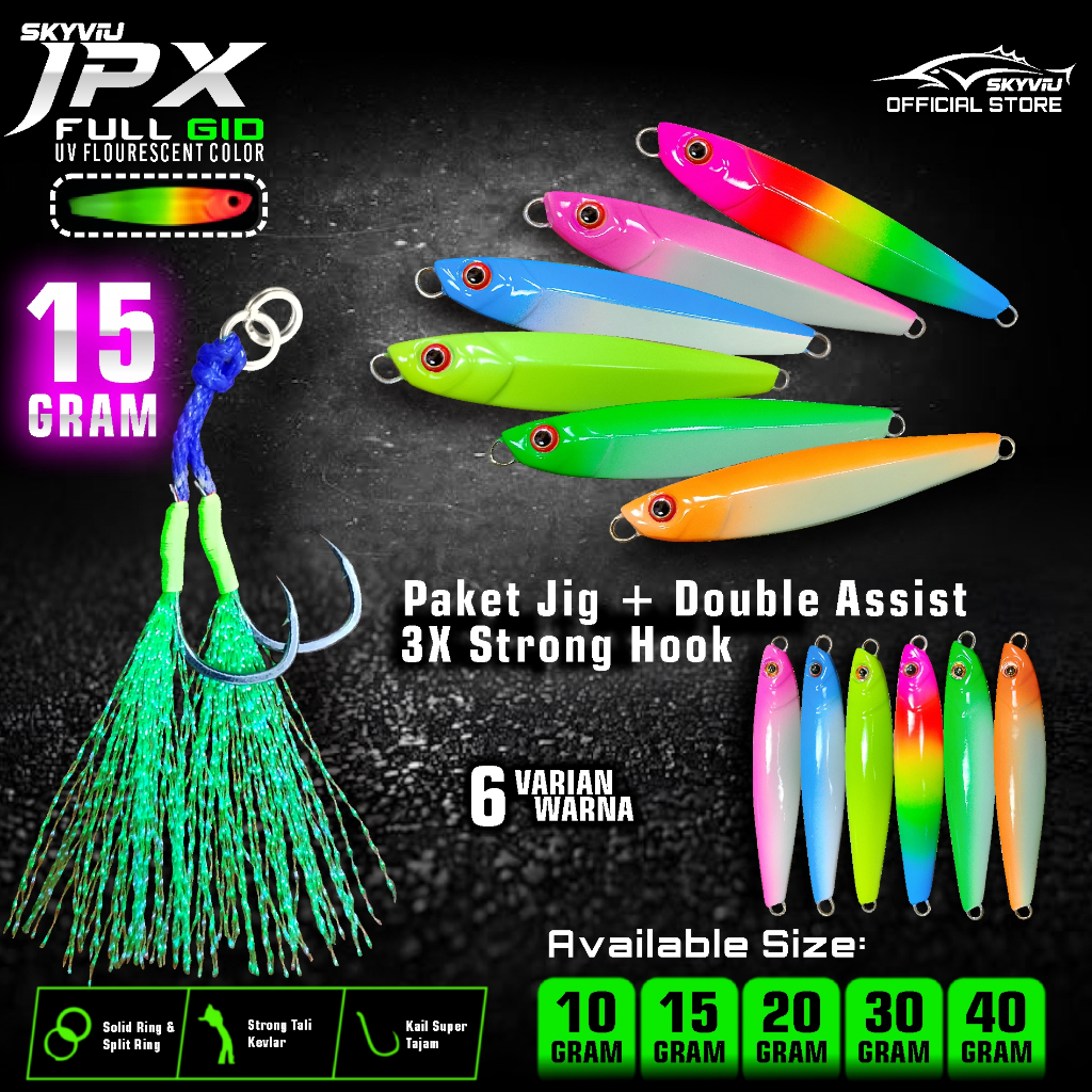 Micro Jig 15g SKYVIU JPX Full GID UV Neon 1 Set Double Assist Hook Umpan Pancing Laut 15gr Murah Ump