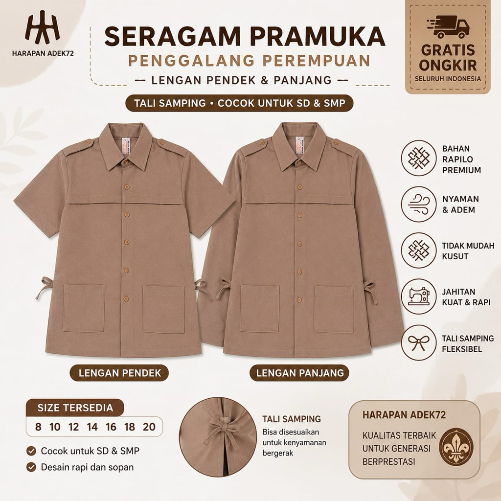 BAJU PRAMUKA PENGGALANG PEREMPUAN BAHAN RAPILO LENGAN PANJANG BAHAN RAPILO ~ HARAPAN ADEK