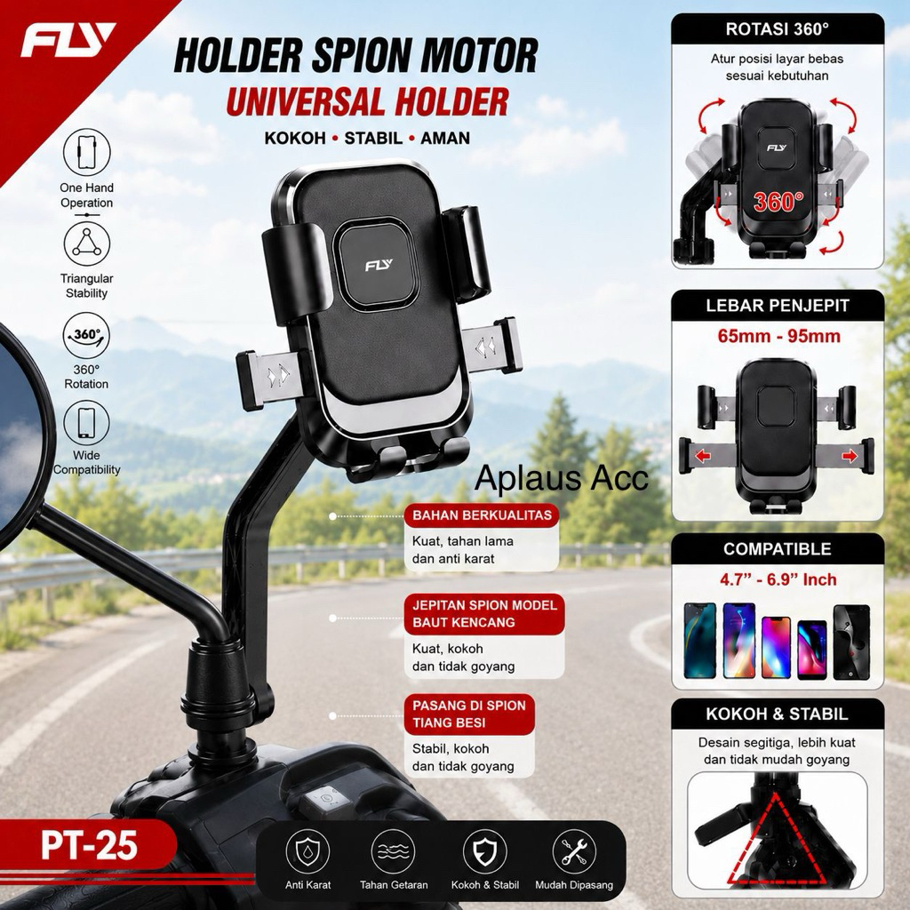 Holder HP Premium Motor Spion PT-25 Universal Rotasi 360° Anti Getar Kokoh untuk Semua Smartphone