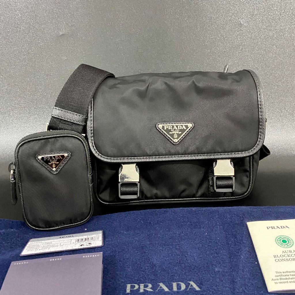 Prada Re-Nylon And Saffiano Leather White Removable Pouch Shoulder Bag Black