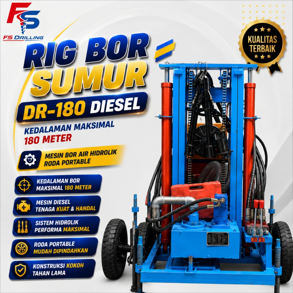 RIG BOR SUMUR DR-180 DIESEL - KEDALAMAN MAKSIMAL 180 METER, MESIN BOR AIR HIDROLIK RODA PORTABLE