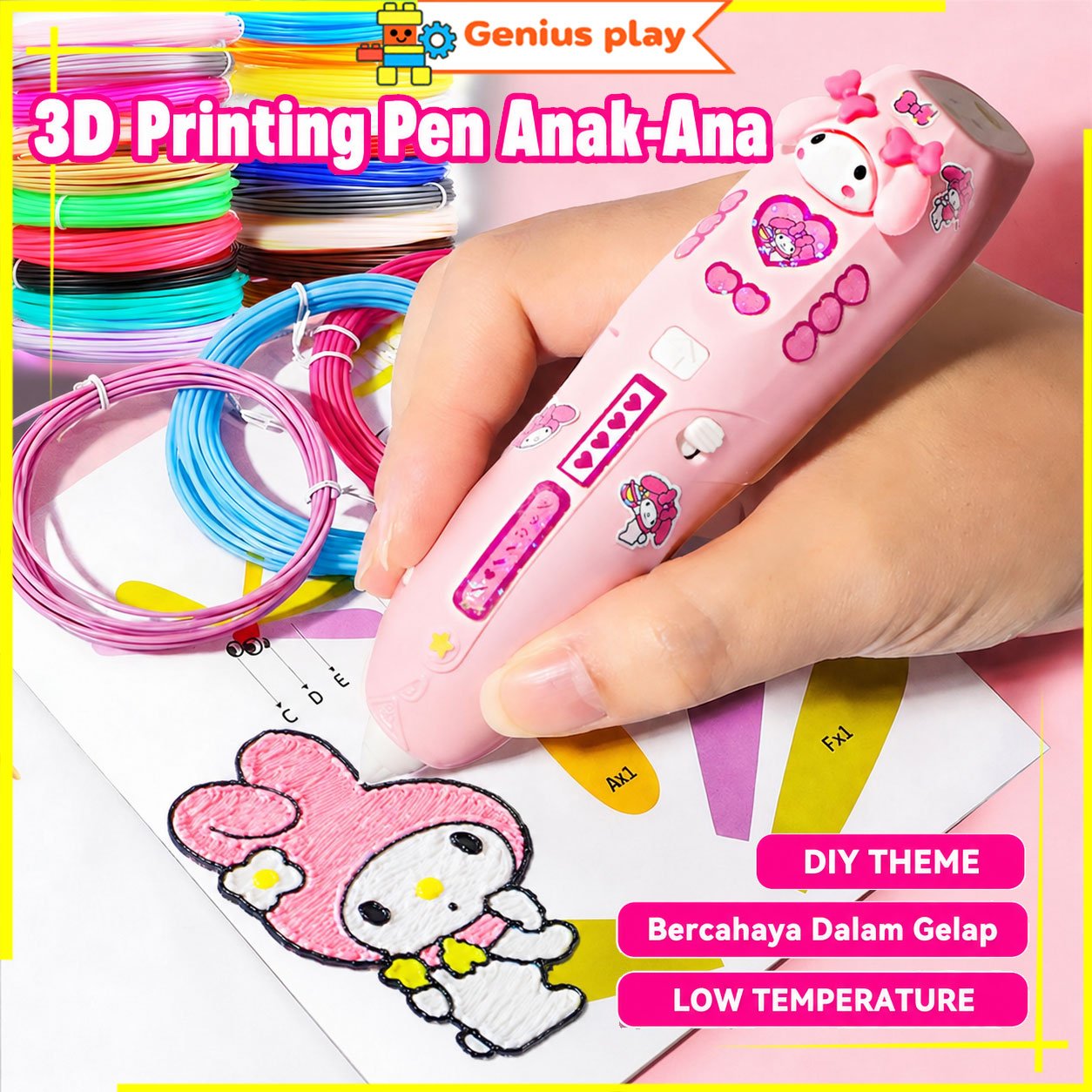 GPT 3D Printing Pen Glow in The Dark Mainan Edukasi Anak 3D Printer Pena Filament Cetak Wireless DIY