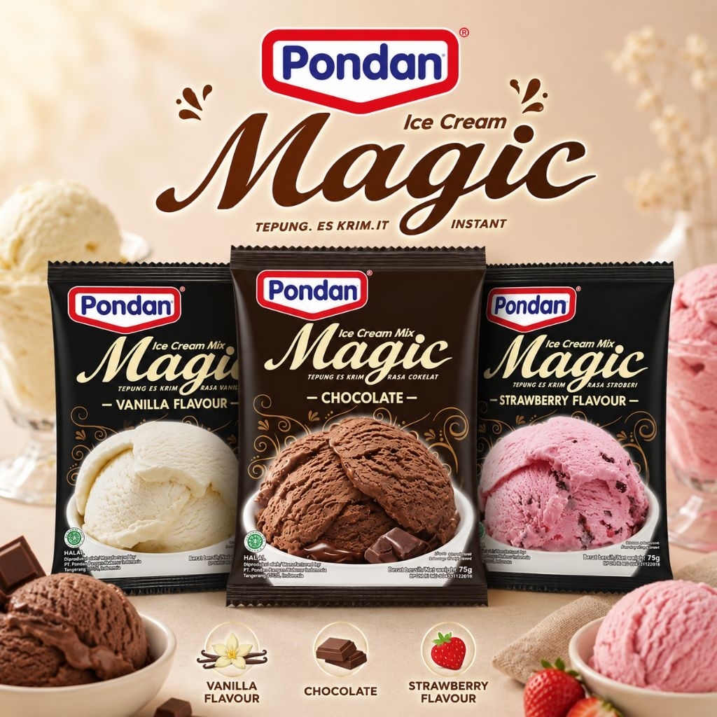 PONDAN Magic Ice Cream 75 gr / Bubuk Es Krim Instan Rasa Strawberry - Vanilla - Coklat