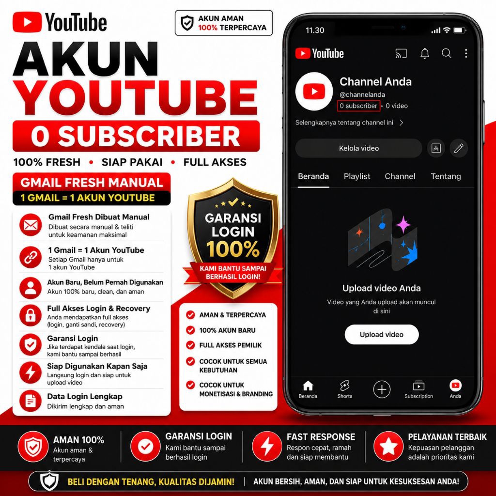 Akun Youtube Fresh 0 Sub + Gmail Fresh Permanen