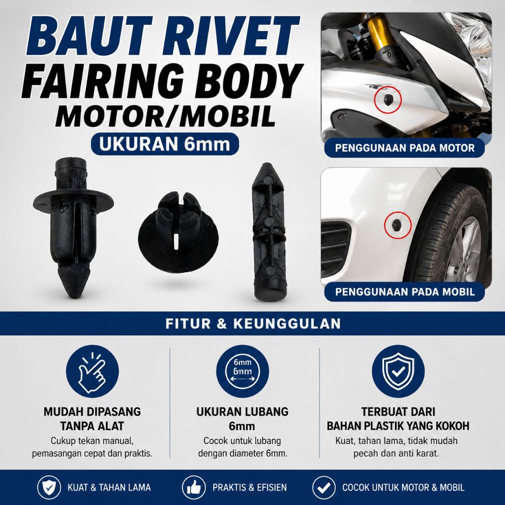 Klip Kancing Baut Rivet Universal Untuk Motor Dan Mobil Ukuran 6mm