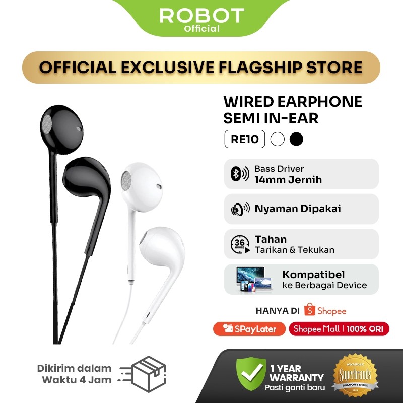 ROBOT RE10 Headset Kabel Earphone 3.5mm Bass Jernih Ergonomis dengan Mic Tombol Multifungsi Play/Pause Kompatibel Semua Smartphone Android & iPhone - Headset Kabel Original Garansi 1 Tahun