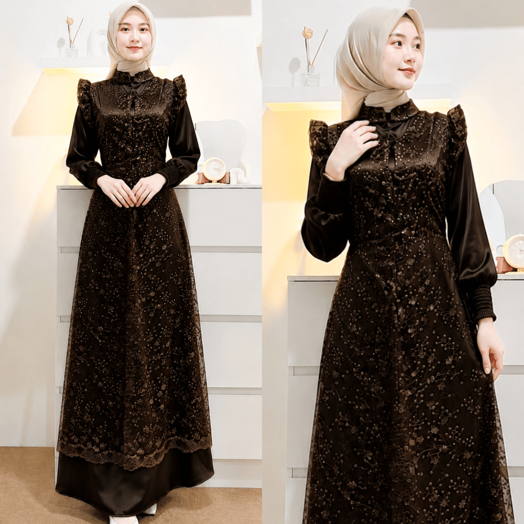 Dinda Dress Busui Friendly Satin Brukat Premium Mewah Elegan Gamis Wanita Remaja
