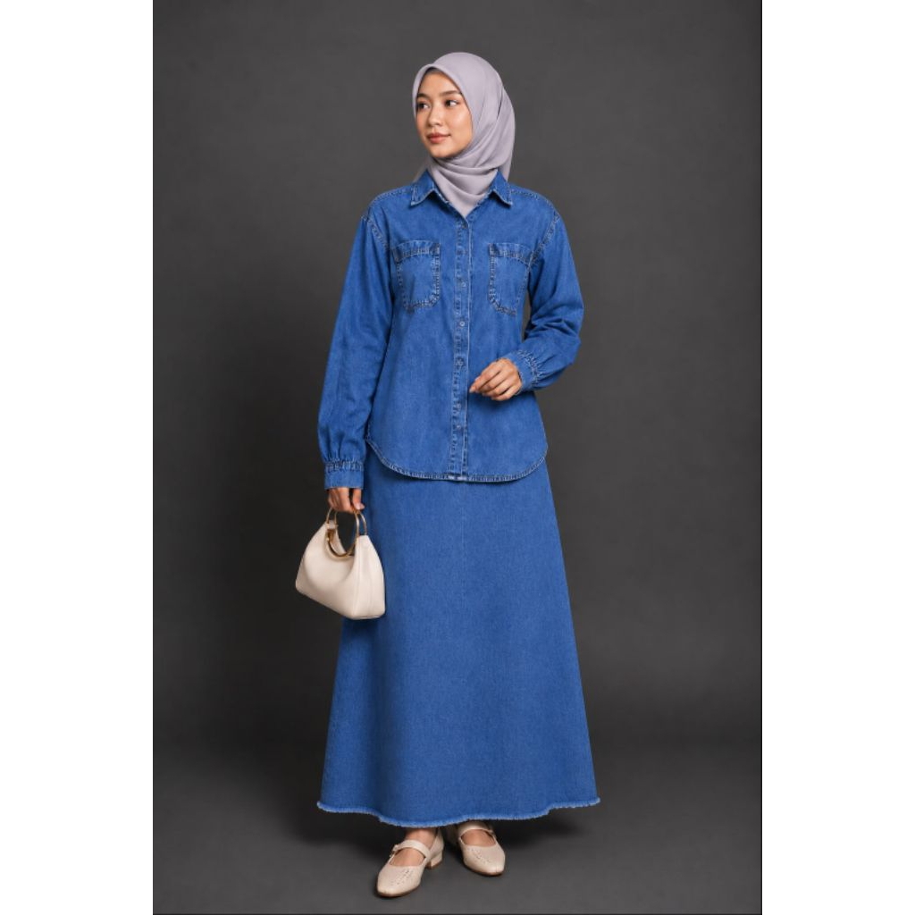 ZOYA SET ROK BAHAN JEANS LD 110 PJ 70 P. ROK 95 DAN PINGGANG FULL KARET