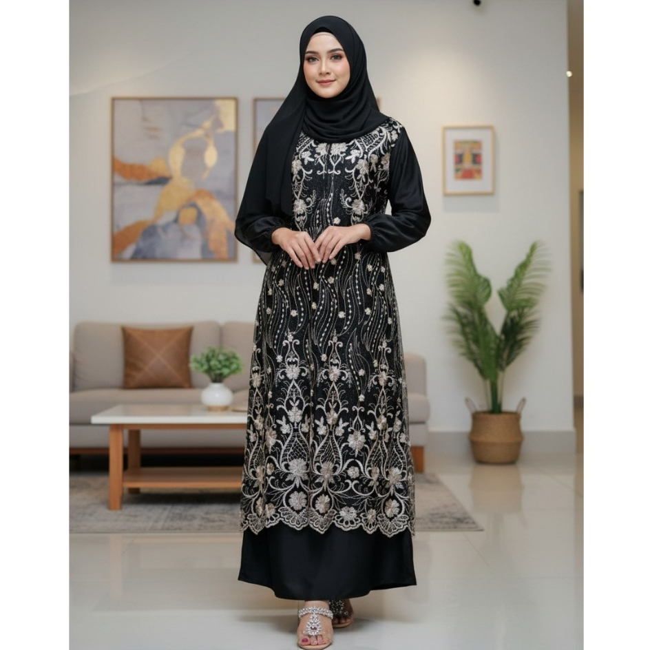 Gamis Pesta Full Brukat Satin Premium Motif Mewah Busui