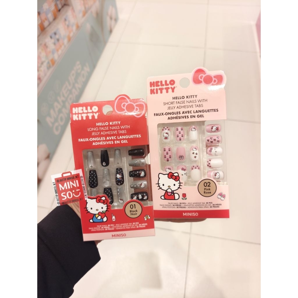 MINISO Kuku Palsu / False Nails with Jelly Adhesive Tabs SANRIO HELLO KITTY Collection (01. Long BLA