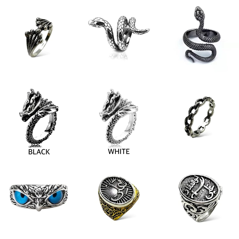 CHARME' Cincin Pria Wanita Motif Snake Ular Perak Silver Hitam Korea