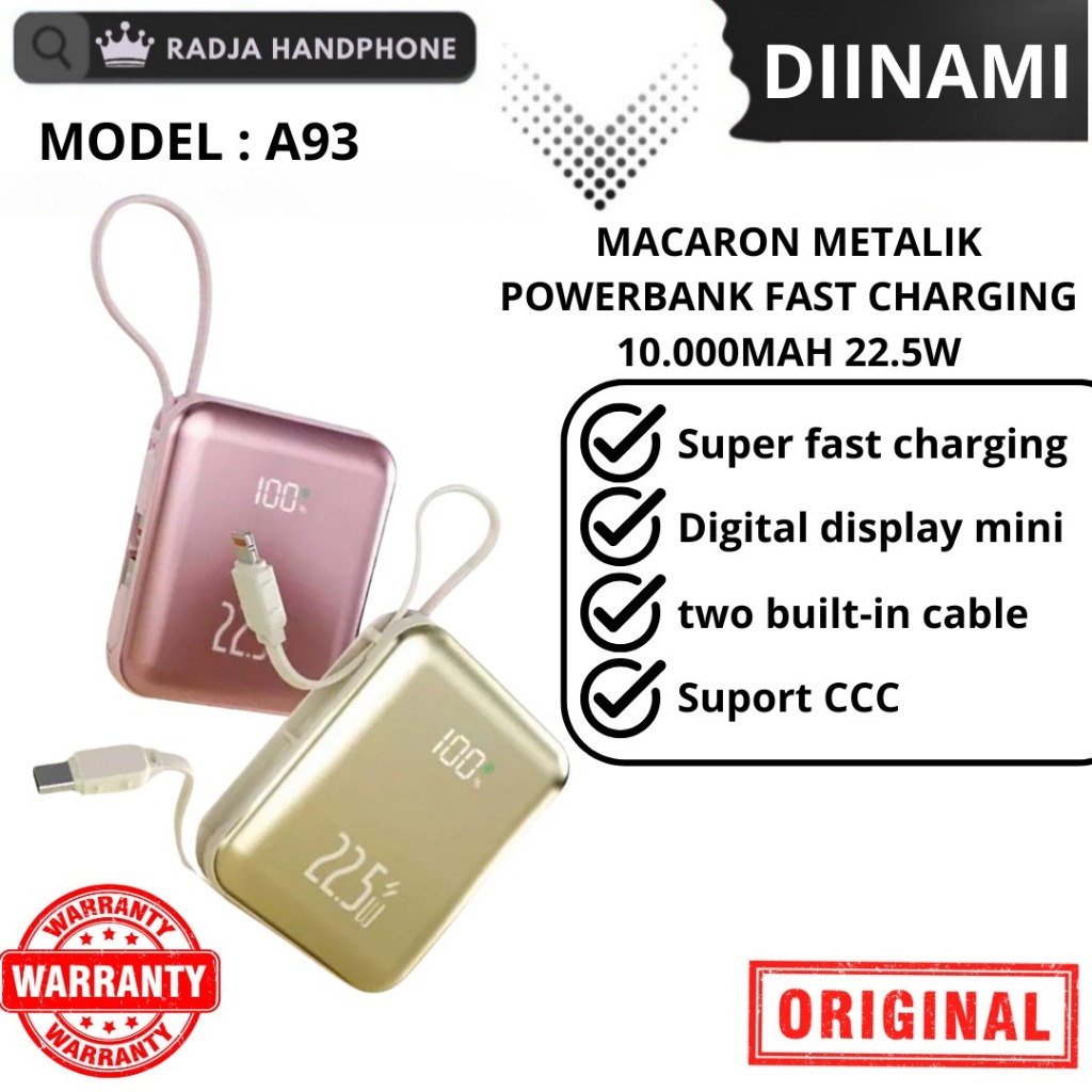 DIINAMI A93 MACARON METALIK Powerbank fast charging 10.000MAH 22.5W  Support CCC