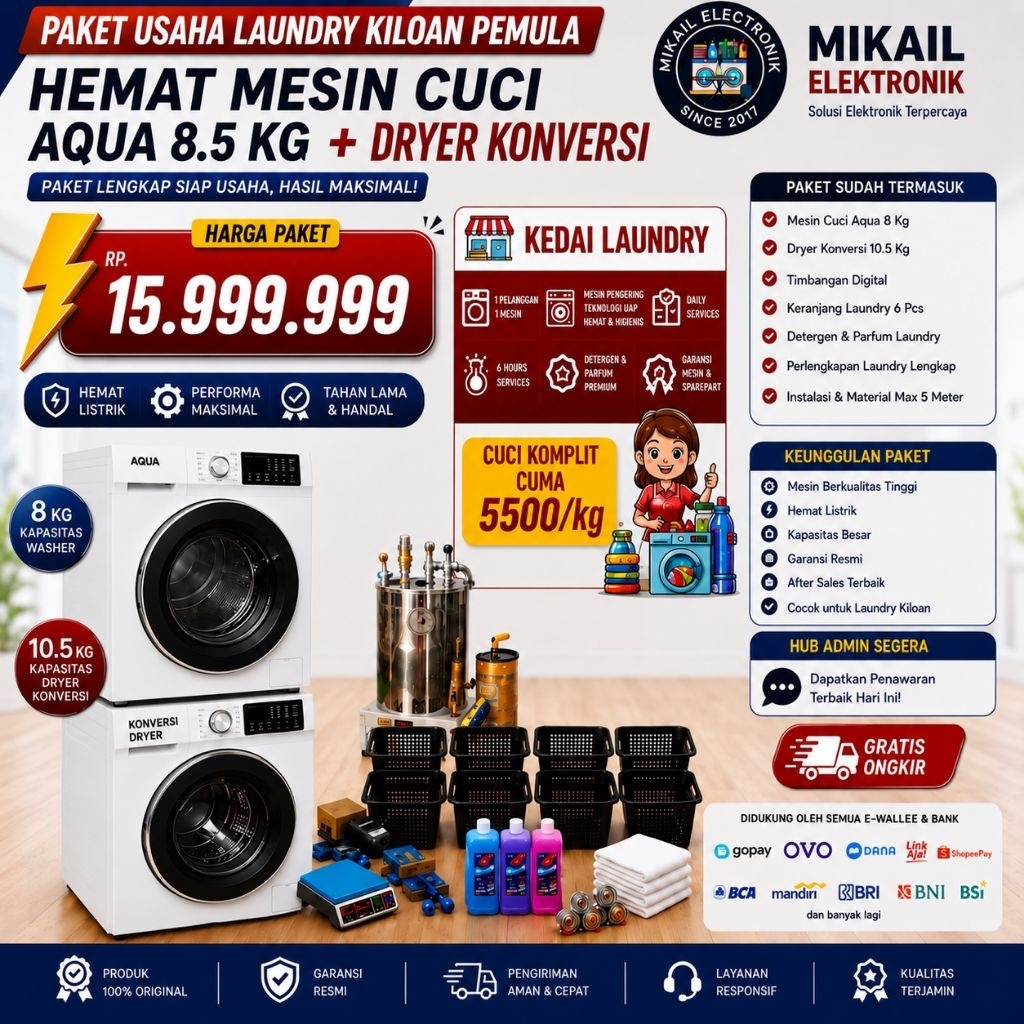 PAKET USAHA LAUNDRY KILOAN MESIN CUCI AQUA 8.5 KG MURAH LENGKAP