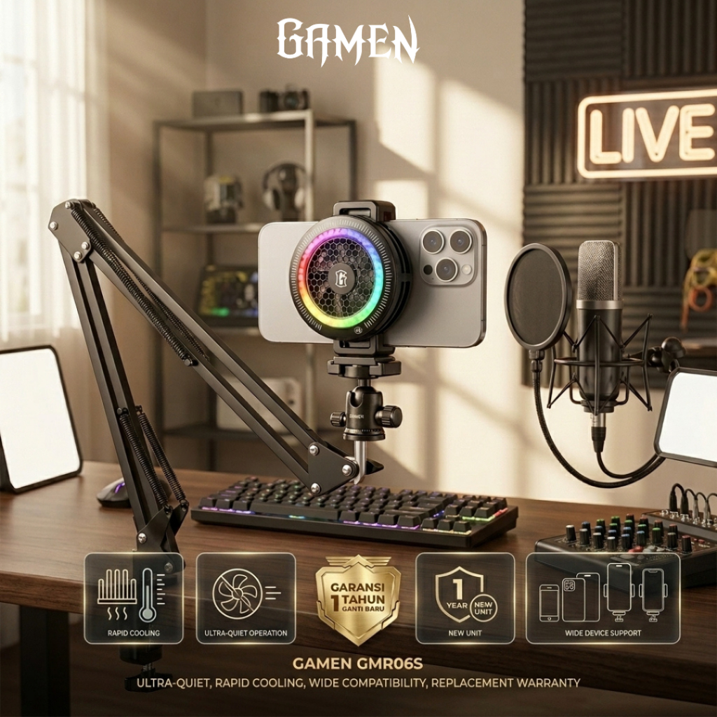 GAMEN Livestream Fan Cooler HP Gaming – Semikonduktor Fast Cooling, Magnetic Heatsink + Klip Penjepi