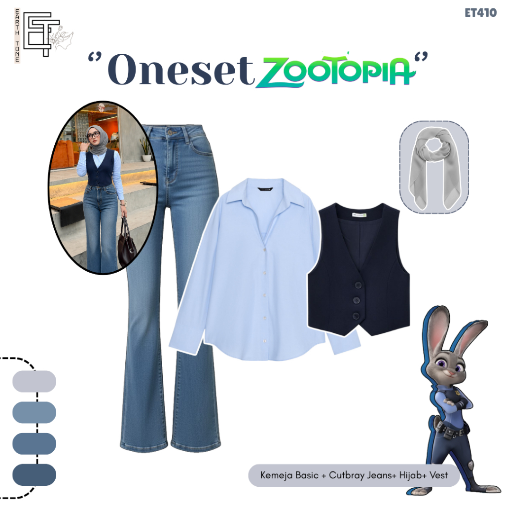 Oneset wanita Style Zootopia - Kemeja basic +  Cutbray jeans + Vest + Hijab [ET410]