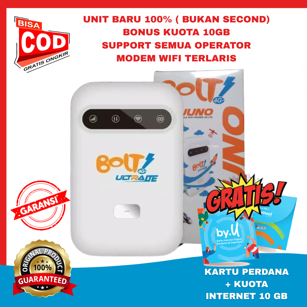 Modem WiFi 4G LTE Bolt Juno All Operator Gratis Kartu by.U Kuota 10GB Siap Pakai