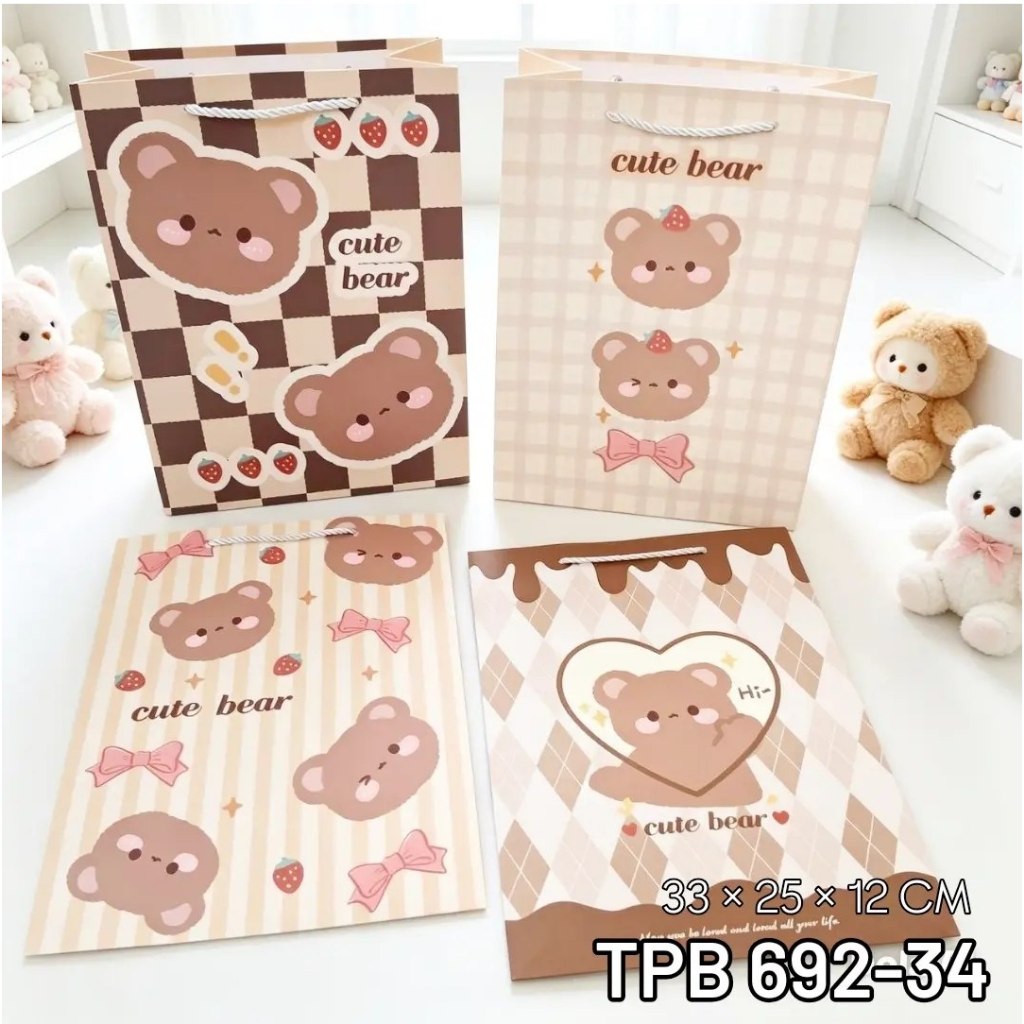 TPB 692-34 - ISI 12 TAS PAPERBAG PORTRAIT LARGE UK 33X25X12 CM MOTIF CUTE BEAR MIX STRAWBERRY