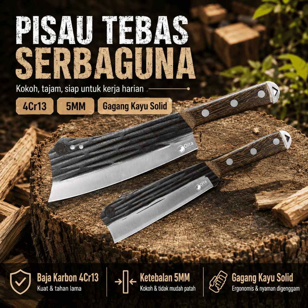 Pisau Tebas Serbaguna 645g/720g Baja Karbon 5mm Gagang Kayu Solid untuk Tulang & Kayu Daging