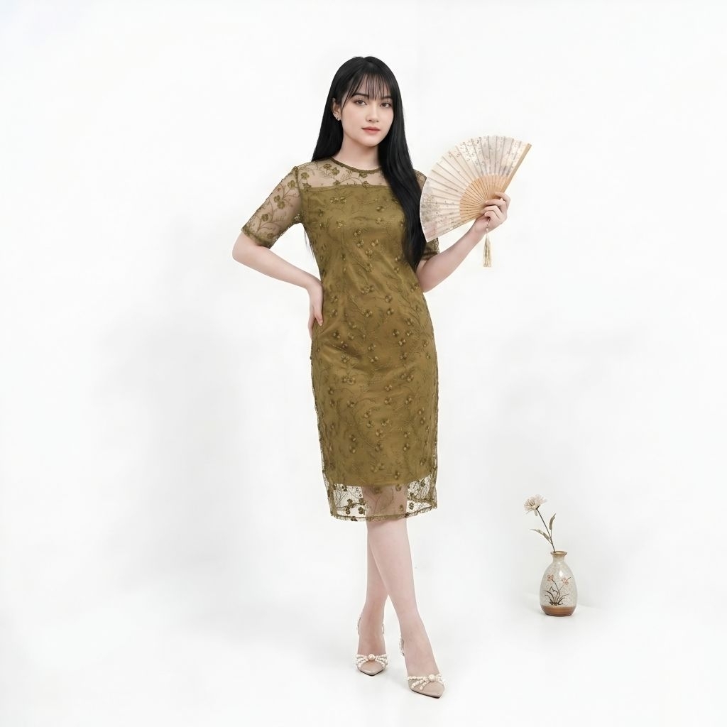 Dress Pesta Mewah Elegan Dress Brokat Tulle Mutiara Gaun Brukat Pesta Kondangan Dress Span Korean Lo