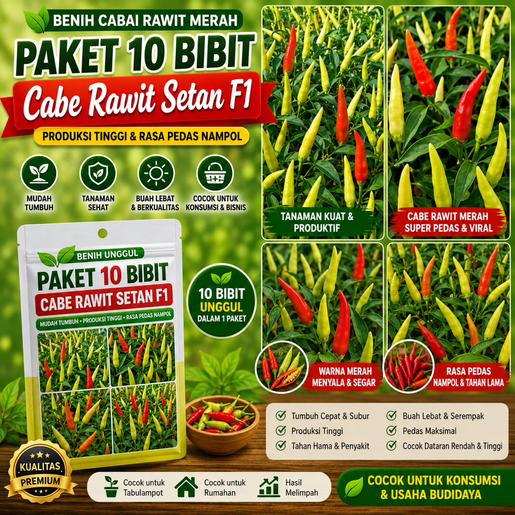 ISI PAKET: 10 Bibit Cabe Rawit Setan Hibrida F1 Lentera Benih Cabai Rawit Merah Super Viral Unggul B