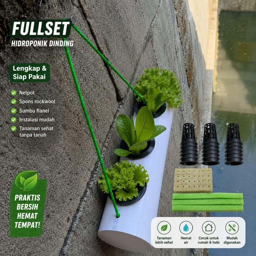 Fullset Hidroponik Dinding 3 Lubang – Pot Tanam Vertikal Siap Pakai Lengkap Netpot, Rockwool & Sumbu