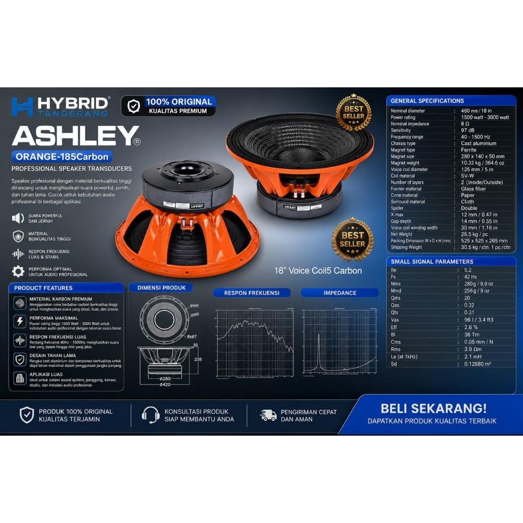 SPEAKER KOMPONEN ASHLEY 18INCH ORANGE-185CARBON ORANGE 185CARBON ORANGE185CARBON MAGNET DOUBLE MAGNE