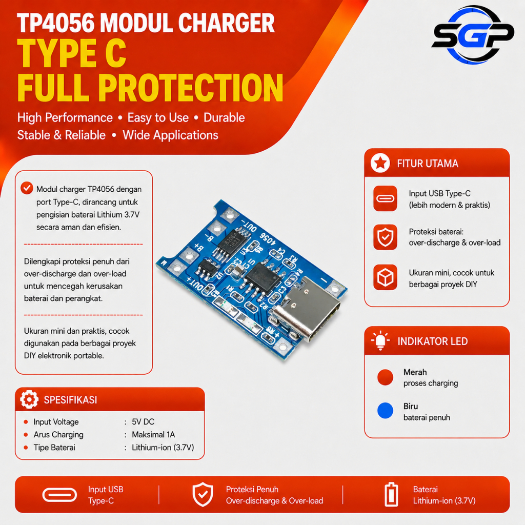 TP4056 Modul Charger Tipe C Full Protection TP4056 Type C Battery Charging Module Lithium Modul Char