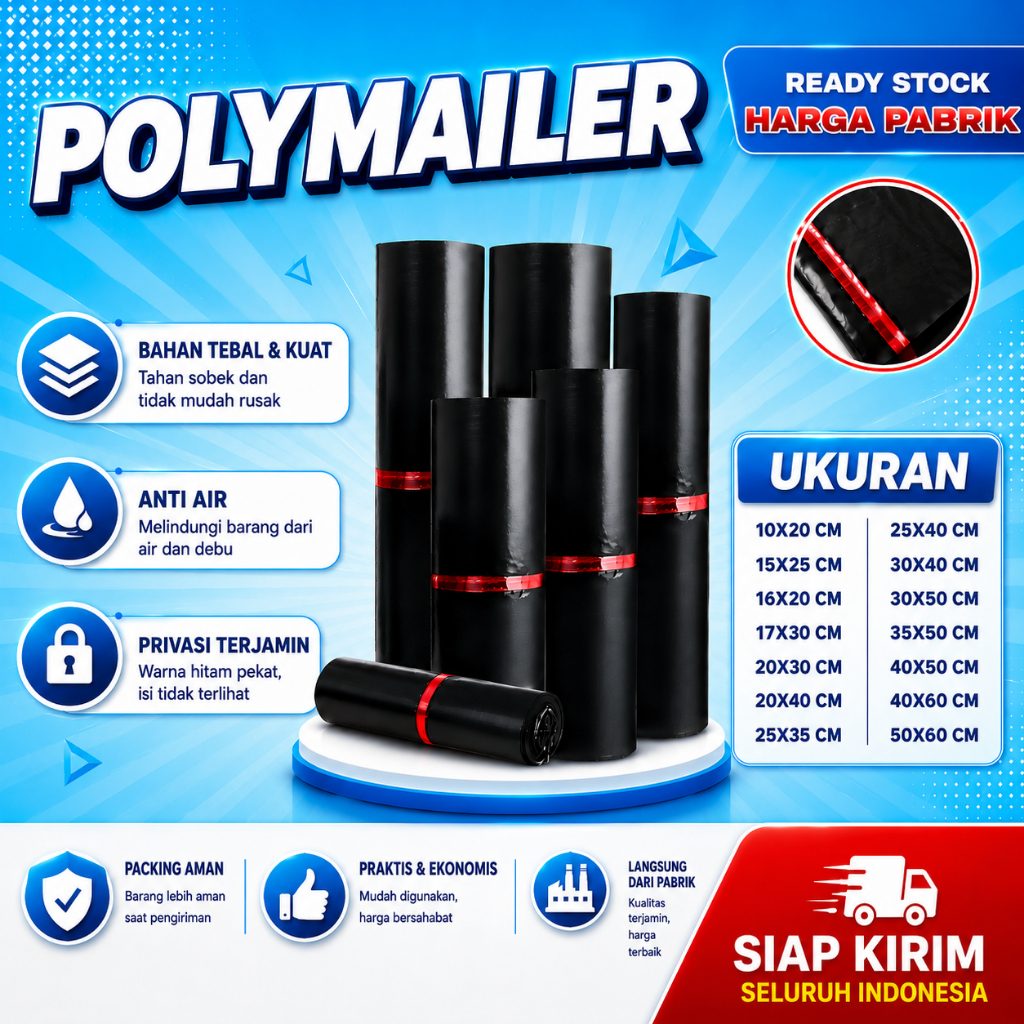 Kantong Plastik Polymailer Ekonomis - Tidak Tembus Pandang, Praktis, Water Resistant