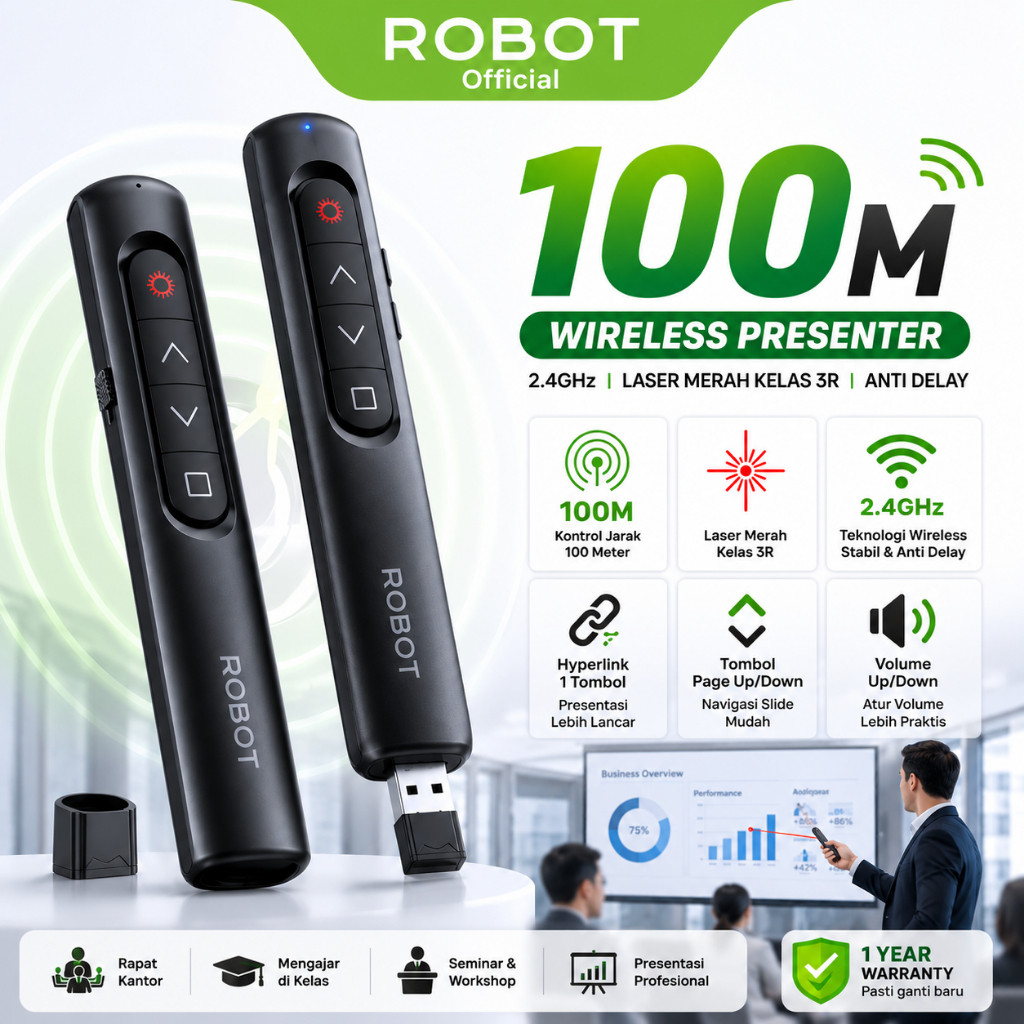 ROBOT Pena Laser 100 Meter Hyperlink Remote Pointer Presentasi Wireless Laser Merah Pen Laser Penunjuk Proyektor Original Tipe RLP01 Original - Garansi 1 Tahun