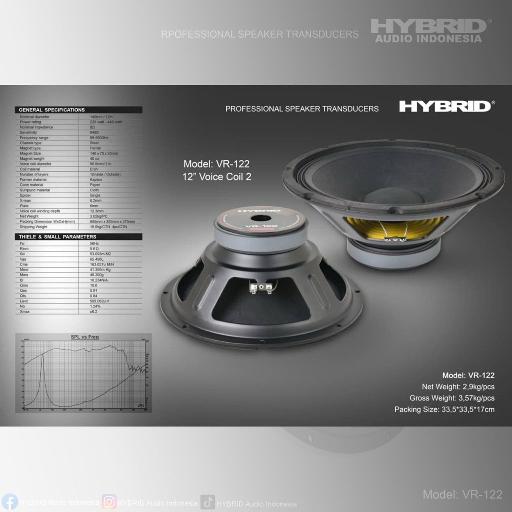 HYBRID VR-122 Speaker 12 Inch 8 Ohm VC 2 Inch 440 Watt Peak Woofer Lapangan Berkualitas