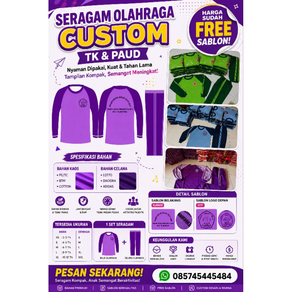 Seragam olahraga  PAUD & TK / SDN & MI / SMP & MTS / SMA & SMK