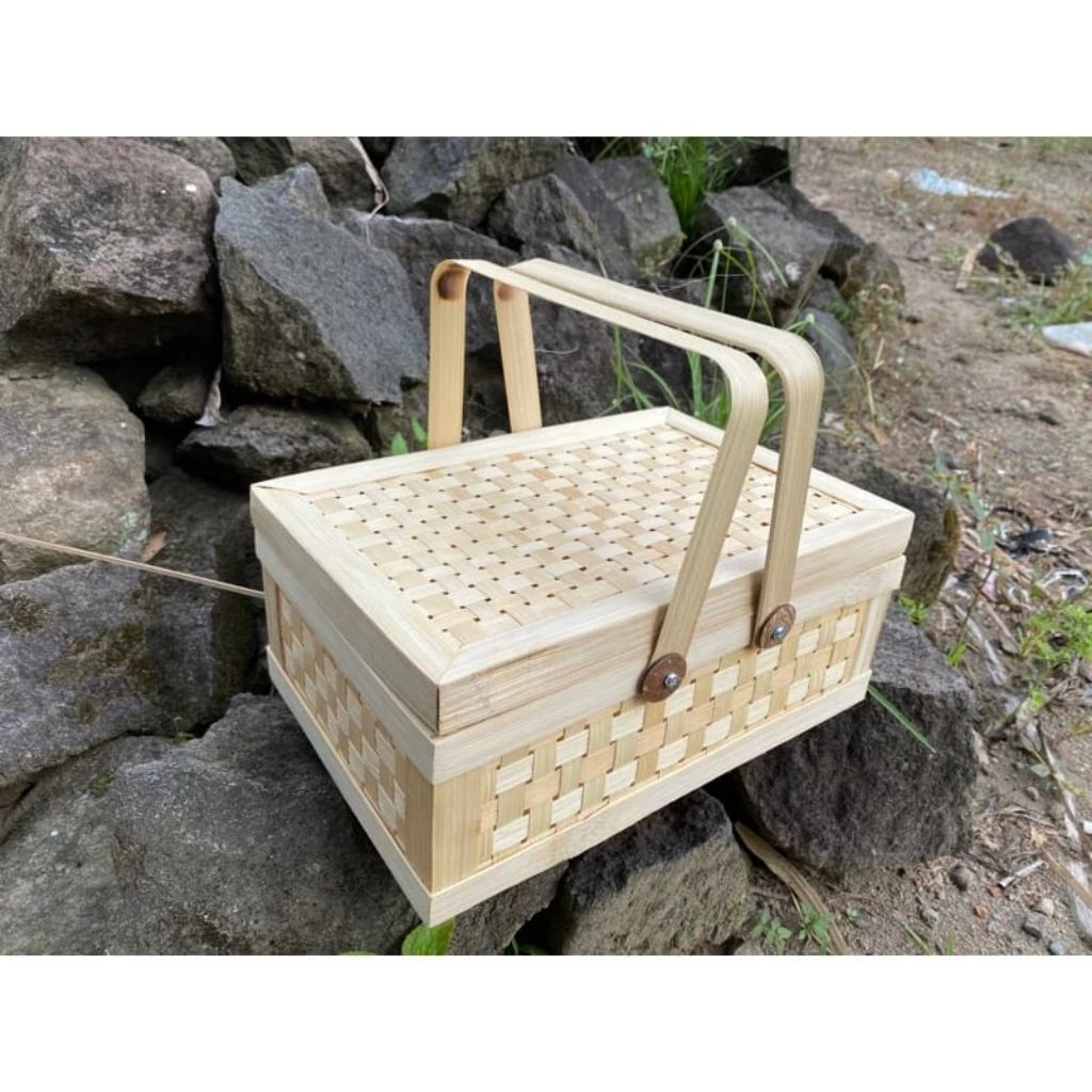30x20cm | Rantang Bambu Anyaman | Box Anyaman Bambu | Keranjang Kotak Bambu Tangkai