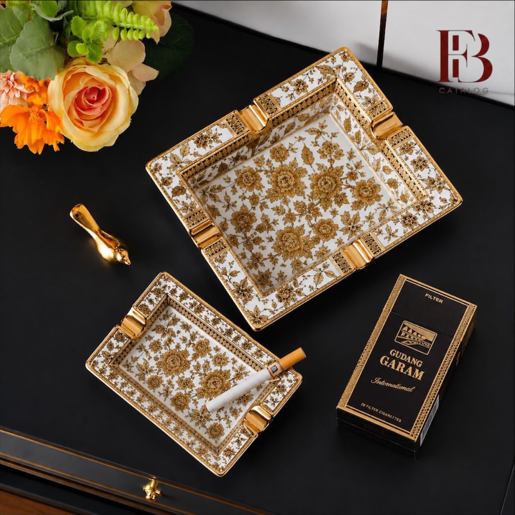 Asbak Kaca Keramik Ukuran 20 cm Emas Motif Bunga Gold Lining Dekorasi Rumah Import