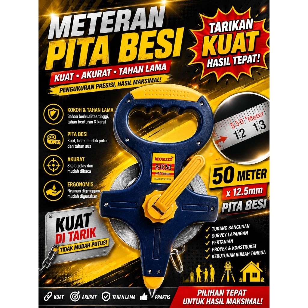 Meteran Roll Besi 50M Morizt/Meteran Roll 50M Pita besi