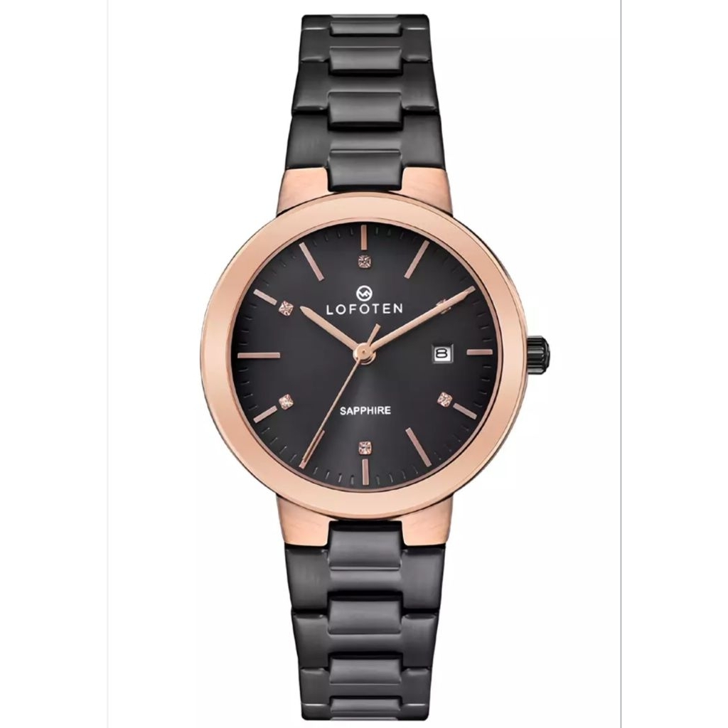 Jam Tangan Lofoten 2312L Rantai Hitam Dasar Hitam Kombinasi Rosegold Cewek