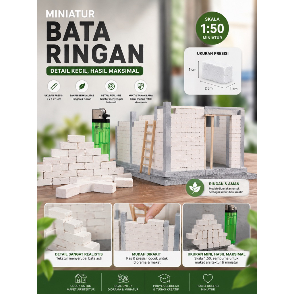 Miniatur Bata Ringan 2x1 cm | Mini Hebel Realistis untuk Diorama Maket Rumah Arsitektur Mini Brick