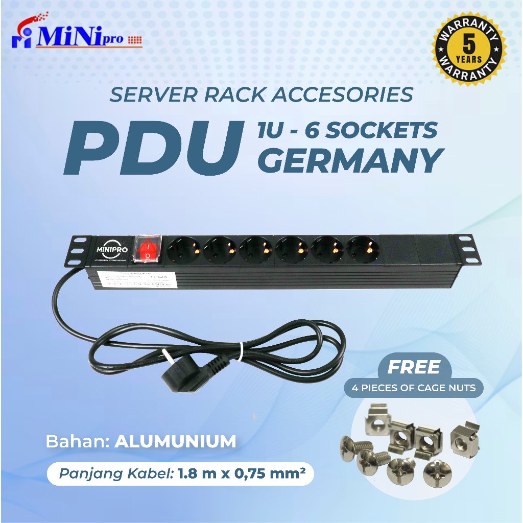Minipro Power Distribution Unit Rack Server 6 Port Germany Socket 1500W/1U 6Way PDU Germany 703/ PDU