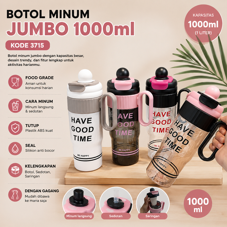 BOTOL AIR MINUM JUMBO POLYCARBONATE 1000ML KAPASITAS BESAR, FOOD GRADE, TRASPARAN, DENGAN GAGANG